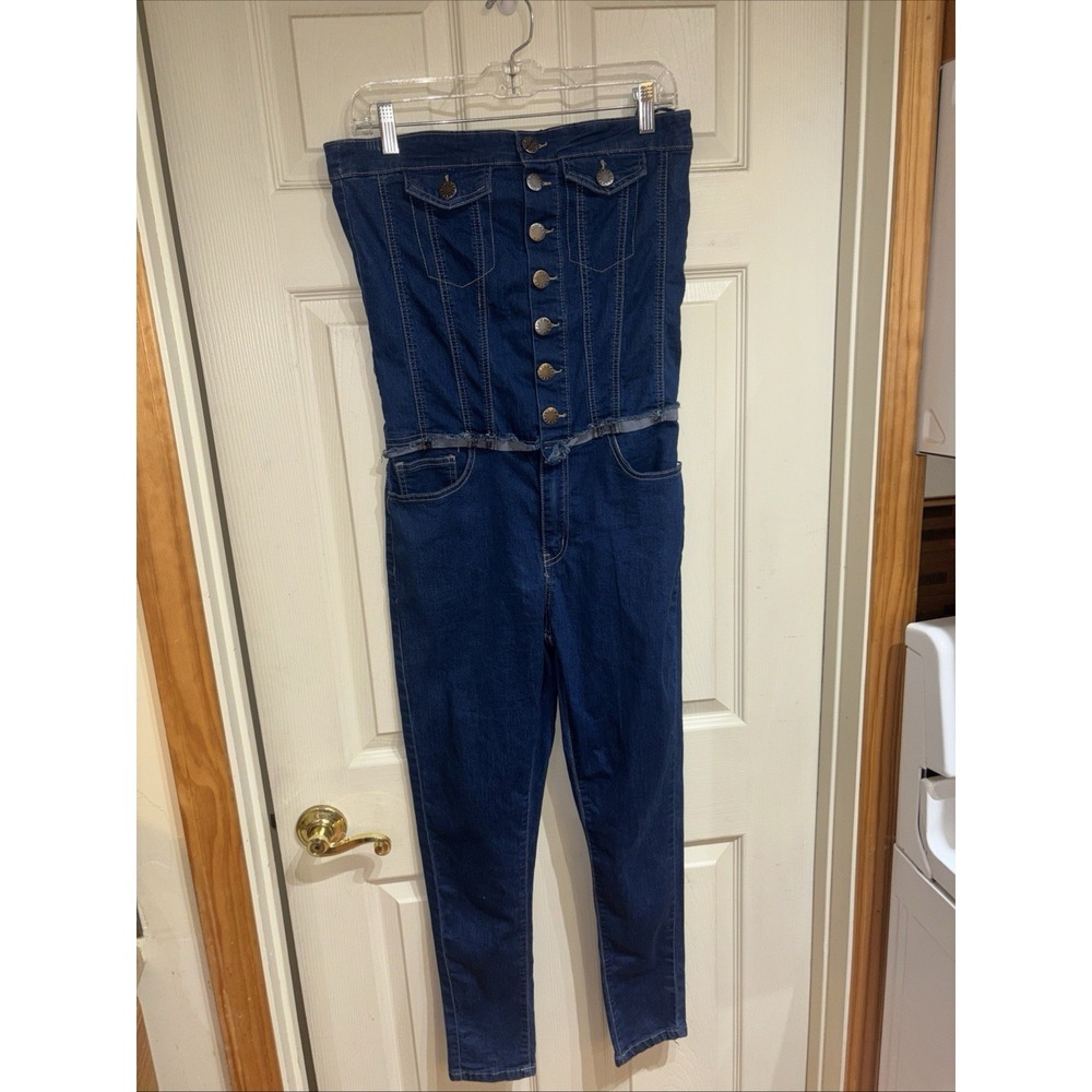 VIP Blue Jean Denim Strapless Jumpsuit One Piece Large